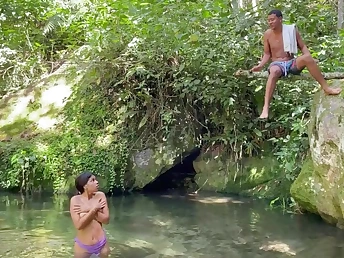 Saraymike gets her big tits and squirt-fueled facehole wet while taking a bath in the lake