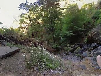 Naked girl outdoors masturbates categorizing the brush shaved vagina